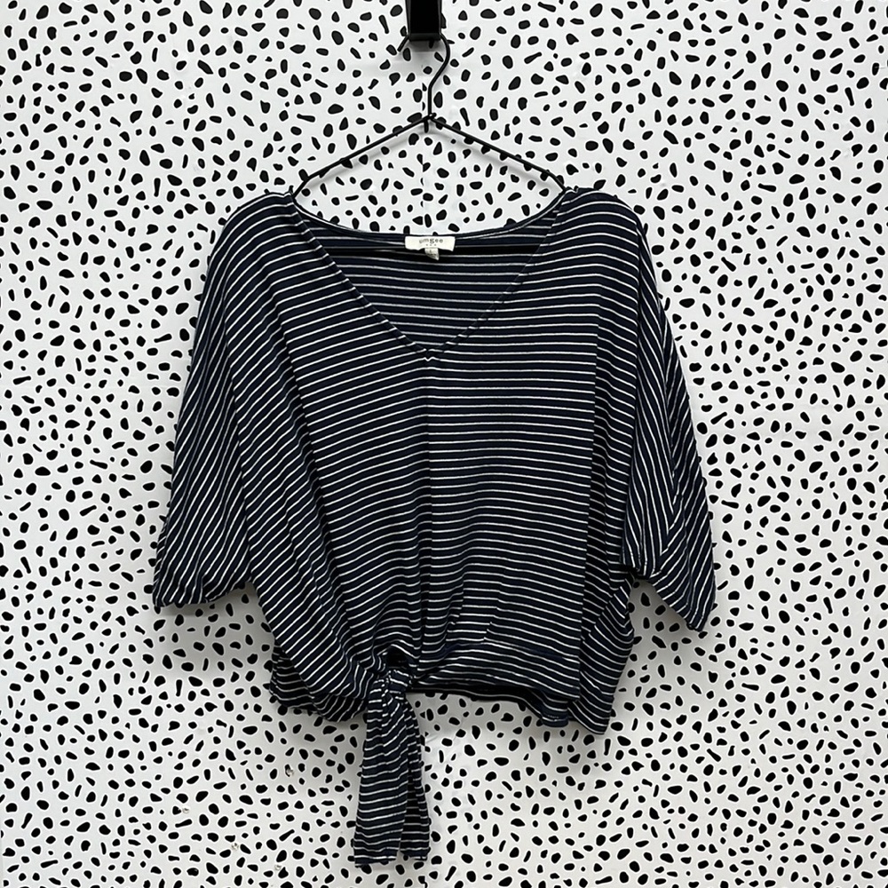 Umgee Blue & White Striped Tie Front Tee